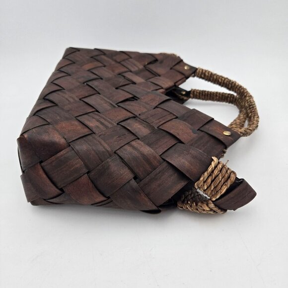 Dark Brown Wood Basket Weave Handbag Womens Medium Handles Coastal Cottagecore - Picture 5 of 14